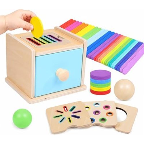 4-in-1 Montessori Coin Box, Wooden Montessori Toys for 1+ Year Old
