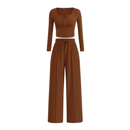 PRETTYGARDEN Women's 2025 Fall Trendy 2 Piece Outfits Lounge Sets Long Sleeve Top Henley Shirts Wide Leg Pants Travel Clothes