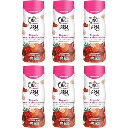 Once Upon A Farm Strawberry, Coconut & Sweet Potato Puffed Sorghum Snack, Fruit & Veggie Puffs, Non GMO, 1.5 Ounces (Pack Of 6)