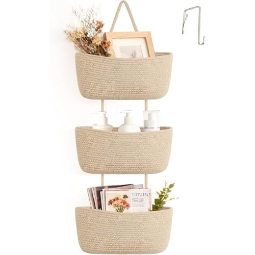 Dahey Over The Door Hanging Basket 3-Tier Woven Boho Wall Mounted Storage Organizer with Hooks for Bedroom Nursery Bathroom Apartments Dorm Pantry Decor, Jute