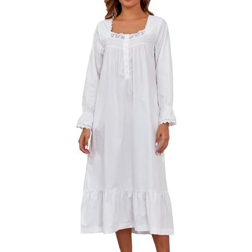 100% Cotton Nightgowns For Women Victorian Night Gown Long Sleeve House Dress With Pockets S-3XL