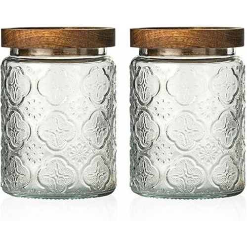 Snminetal Vintage Glass Kitchen Storage Counter Jar, Kitchen and Pantry Glass Storage, with Airtight Wood Lid for Cookies, Candy, Coffee Tea Beans, Grains,Food Storage Containers (plum-pattern*2)