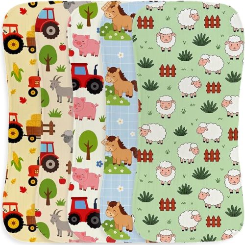 5 Pack Baby Burp Cloths for Boys, Farm Animal Theme Large Absorbent Burping Rags, Soft Cotton Contoured Spit Up Cloths with Red Tractor Pig Sheep Print, Unisex Newborn