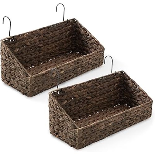 Casafield Set of 2 Hanging Baskets with Hooks - Espresso, Hyacinth Woven Wall Mounted Storage Bins for Kitchen, Bathroom, Laundry Room, Home Office