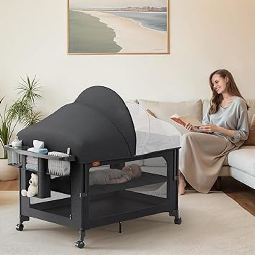 4 in 1 Baby Bassinet, Pack and Play, Bedside Crib Sleeper, Diaper Changer, Quickly Assembled and Folded Portable Crib with Mattress and Mosquito Net, Easy to Carry