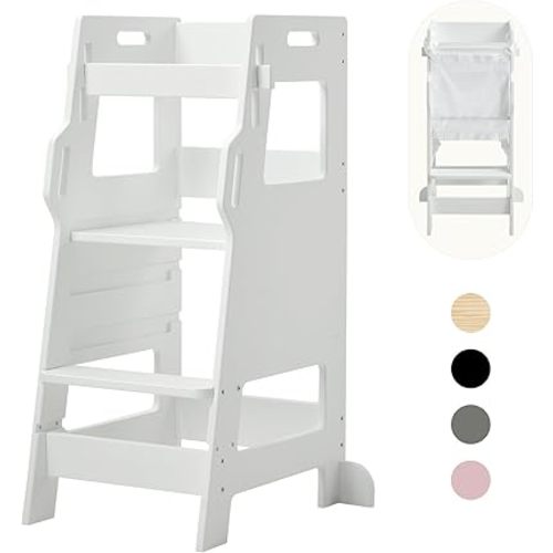 FUNLIO Kids Kitchen Step Stool with Safety Net, 3-Level Height Adjustable Toddler Stool Helper, Montessori Child Standing Tower, Kids Step Stool, Easy to Assemble, CPC Approved - White