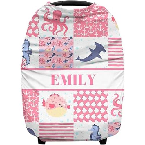Personalized Baby Car Seat Cover for Babies with Name, Custom Plaid Baby Car Seats Canopy for Girls, Nursing Breastfeeding Stroller Covers Infant Car Seat Canopies for Newborn (Ocean Pink)