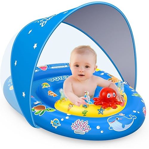 EZIGO Baby Pool Float with Canopy UPF50+ Sun Protection, Inflatable Kids Pool Floats with Ocean Animal Toys for Babies 6-36 Months, Infant Swimming Float with Adjustable Safety Seat for Boys Girls