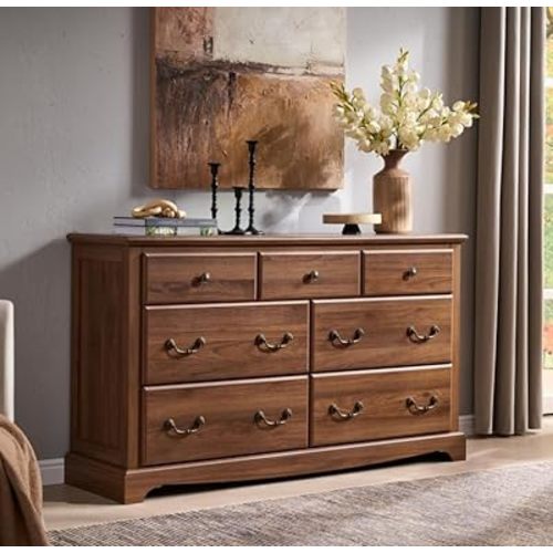 T4TREAM 54" Wide 7 Drawers Dresser Chests for Bedroom, Wood Vintage Chests of Drawers, Rustic Dressers Chset Organizer for Bedroom, Living Room, Hallway, Light Walnut