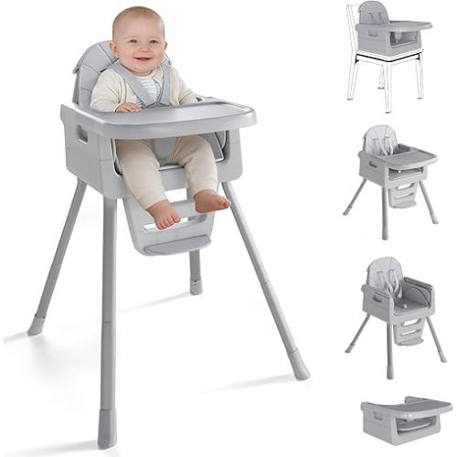 Baby High Chair for 6 Months+, Foldable High Chairs for Babies and Toddlers, Convertible High Chair, Adjustable Tray & Footrest, Portable High Chair & Easy to Clean(Gray)