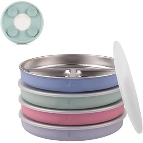 Elk and Friends Stainless Steel Divided Plates with Silicone Sleeve for Babies & Toddlers | Lids Included | Stay Put Suction | Dinner & Snack Plates | 4 Pack