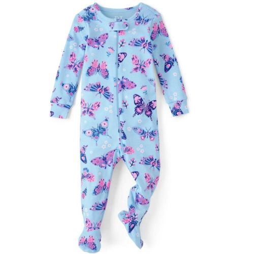 The Children's Place Baby Girls Long Sleeve Butterfly Print Snug Fit Cotton One Piece Pajamas Blue 0-3 M
