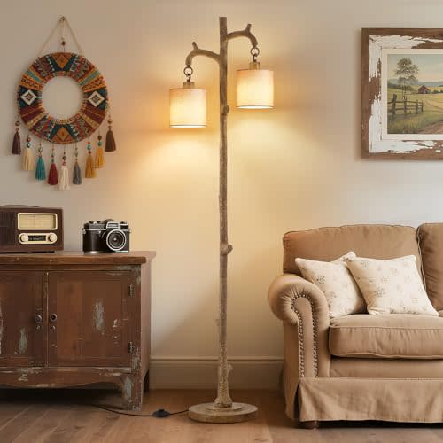 EJIAXIN Rustic Floor Lamp for Living Room - 69" Farmhouse Floor Lamp with 2 Country Vintage Reading Light - Tree Trunk Tall Lamp Standing Lamps for Bedroom Office Home Decor (Brown, Bulb Included)