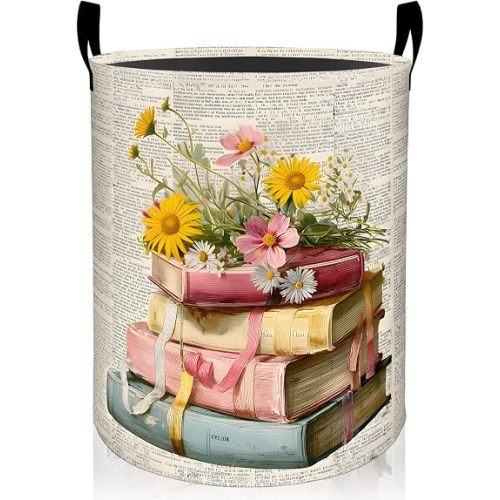 Vintage Book Flower Laundry Basket, Botanical Reading Dirty Clothes Hamper, Wildflower Book Foldable Waterproof Oxford Cloth Storage Bin, Gifts for Bedroom Bathroom Home Decor, 19.7" x 15.7"