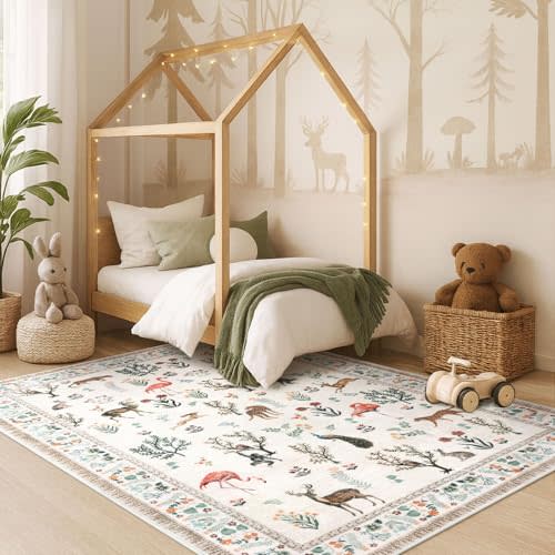 Modern Washable 5x7 Area Rugs, Beige Floral Animal Rugs for Living Room Low Pile Non-Slip Ultra Thin Soft Dining Room Bedroom Rug for Girls, Kids Room, Nursery, Dorm, Office, College
