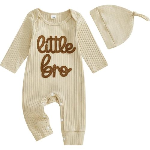 Newborn Baby Boys Romper Long Sleeve Little Brother Letter Print Ribbed Bodysuit Jumpsuit Infant Coming Home Outfit