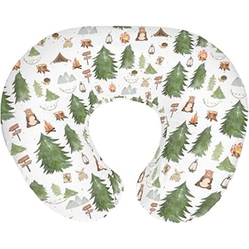 Camping Animals Baby Nursing Pillow Covers for Boy Girl Bear Bunny Hedgehog Green Trees Nursery Pillowcase for Breastfeeding Pillows Wildlife Adventure Soft Stretchy Slipcovers for Newborn Infant