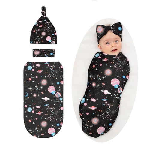 Space Baby Stuff Swaddle Blanket Newborn Swaddling Blanket with Headband and Beanie Set Outfit Infant Shower Gift for Boys Girls