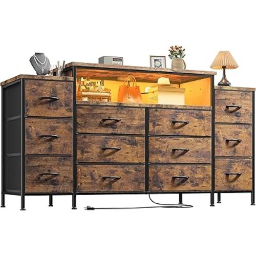 EnHomee 55" W Dresser for Bedroom with LED Lights & Charging Station 12 Drawer Dressers & Chests of Drawers Dresser TV Stand for Bedroom for Hanging 65" TV, Metal Frame & Fabric Drawers, Rustic Brown