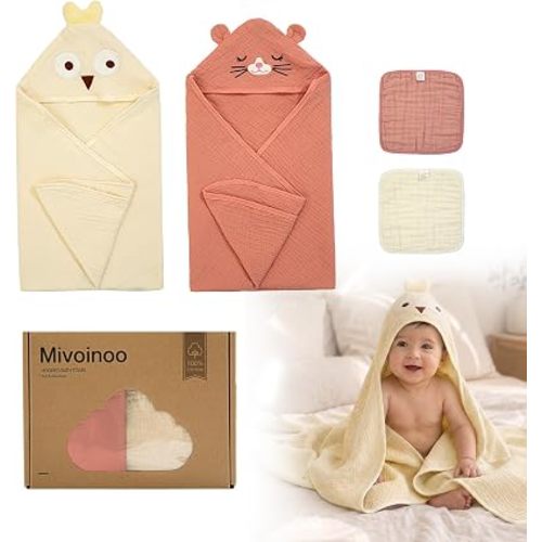 Hooded Baby Towels, 4-Pack 100% Cotton Muslin Bath Set
