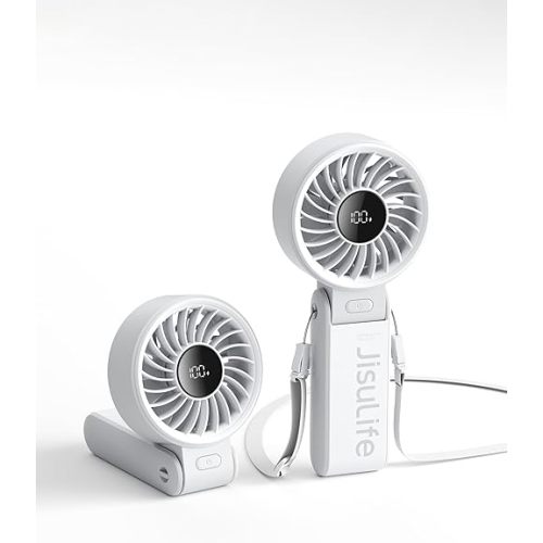 JISULIFE Handheld Fan Life7 – Ultimate Flexibility: High-Power Motor, LED Display, 19.5 Hrs Cooling, 5000mAh Rechargeable, 5-Speed, Foldable Design, 3-IN-1 Portable Fan for Travel Cruise Beach(Grey)
