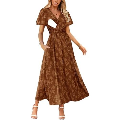 CzzzyL Women's Nursing Boho Floral Dress Flowy Casual V Neck Short Sleeve Wedding Guest with Pockets