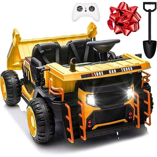 JOYRACER 24V 2 Seater Ride on Dump Truck, Kids Electric Truck w/400W Motors, 20'' Two Seater Ride on Construction Vehicle w/Dump Bed and Shovel, 4.9MPH Max, Power Car Wheelers for Kids, Yellow