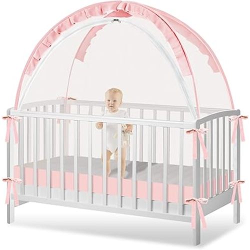 Crib Tent - Crib Net to Keep Baby in - Baby Crib Tent to Keep Baby from Climbing Out, Durable Breathable Pop Up Baby Crib Tent, Safety Net, Canopy Netting Cover (Pink, Lager)