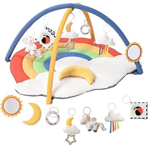 Baby Gym Play Mat with 6 Detachable Toys, Tummy Time Mat for Floor, Promote Motor Skills & Sensory Development Mat for Infant, Washable Baby Activity Mat, Easy to Install, Baby Essentials Gift-Rainbow