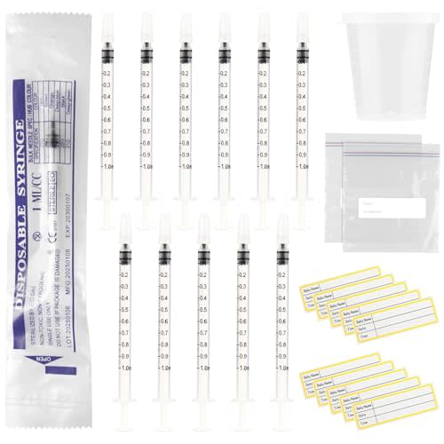 20 Sets 1ml Colostrum Syringes with Caps No Needle Colostrum Collector Kit Include 20pcs 1ml Sterile Syringes, 20 Labels, 2 Storage Bags and 1 Measuring Cup