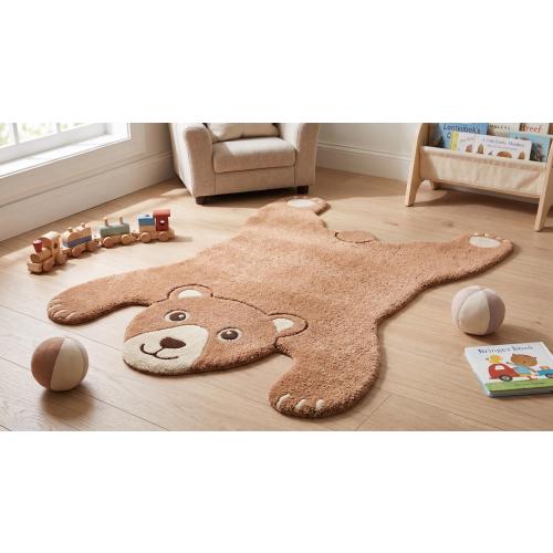 Teddy Bear Rug Hand Tufted Wool Nursery Carpet, Cute Animal Shaped Kids Bedroom Mat, Soft Brown Playroom Decor rug
