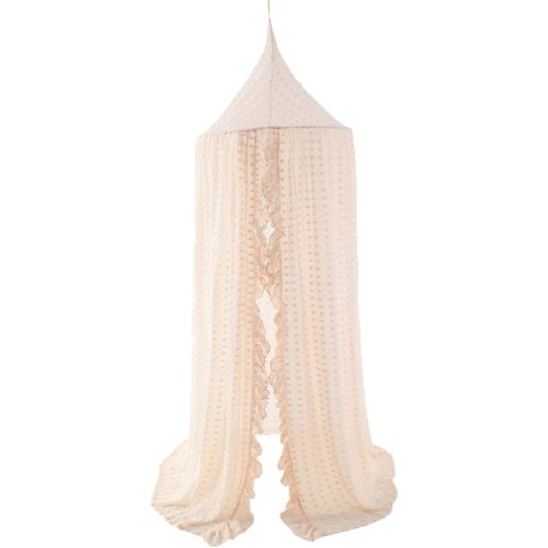 Wonder Space Elegant Kids Bed Canopy - Lace Chiffon Netting with Pom Pom, Princess Girls Fairy Dream Tent, Nursery Room Baby Crib Hanging Curtain Mosquito Net Children Reading Nook Decoration (Beige)