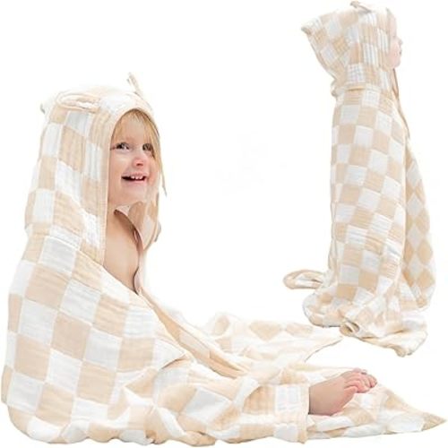 Ultra-Soft Muslin Toddler Hooded Towel - 55 x 28 Inches, Ideal for Bath & Beach, Suitable for Both Boys & Girls from Newborns to Toddlers (Beige Checkered)