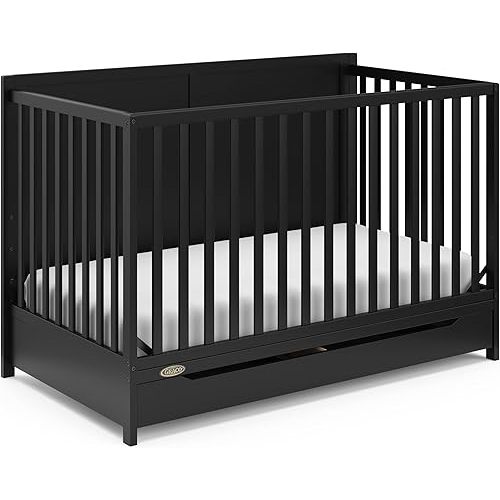 Graco Melrose 5-in-1 Convertible Crib with Drawer – GREENGUARD Gold Certified, Fits Standard Crib Mattress, Converts to Toddler Bed, Daybed and Full Bed, 4 Adjustable Mattress Heights (Black)