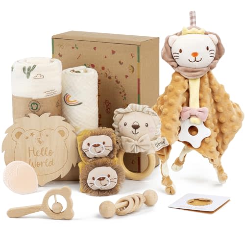 Lion Baby Gift Set for Baby Shower - 10 Piece Newborn Box with Muslin Swaddle Blanket, Lion Security Blanket, Wooden Rattles, Socks, Milestone Card, Brush and Card for Baby Boy or Girl