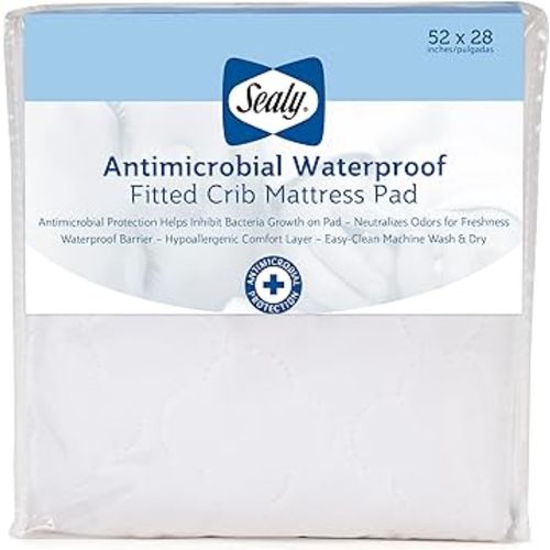 Sealy Baby Antimicrobial Fitted Waterproof Infant Crib Mattress Protector Pad and Toddler Bed Cover, Designed to Neutralize Odors, Machine Washable and Dryer Friendly, 52” x 28”- White