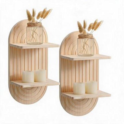 Set of 2 Boho Arch Pine Floating Wall Shelves, 2-Tier Wall Mount Display Shelf, 11 Inch Decorative Candle Holder Rack, Light Wood