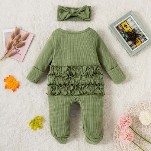 Newborn Baby Girl Footies Romper Onesie Zipper Ruffle Rib Footed Coming Home Outfit Jumpsuit Bodysuit and Headband Infant Baby Candy Color Striped Cloth Foot Crawl Clothes Suit