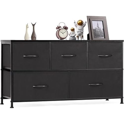 OLIXIS 5 Drawers Dresser for Bedroom, Fabric Storage Tower for Living Room, Entryway, Sturdy Steel Frame, Wooden Top & Easy Pull Fabric Bins
