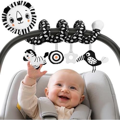 FPVERA Car Seat Toys for Babies 0-6 Months: Travel Baby Toy for Soft Hanging Toys for Carseat, Spiral Plush High Contrast Black and White Toy for Boys Girls