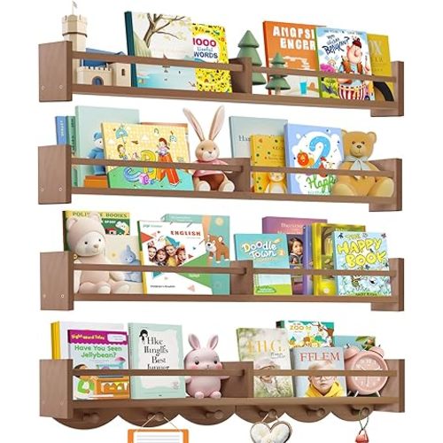 34Inch Nursery Book Shelves Wall Mounted, Floating Book Shelf for Kids Coat Rack with 6 Hooks, Wall Hanging Shelf for Baby Nursery Room Organizer ，Patent Number:US-D1058229-S(4, Light Brown)