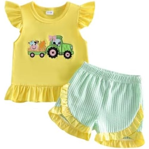 Toddler Baby Girl Farm Clothes Animal Tractor Ruffle Sleeveless Tank Top Plaid Shorts Set Country Summer Outfits