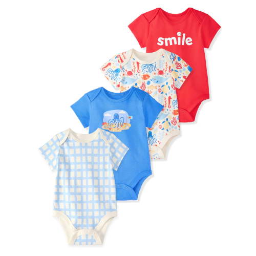 Garanimals Baby Boy Cotton Lap-Shoulder Short-Sleeve Bodysuits, 4-Pack, 0–24M