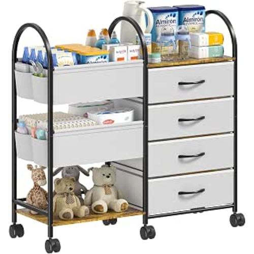 Baby Diaper Caddy Organizer Cart with Wheels, 4-Tier Rolling Diaper Cart with Dividers and Drawers, Multi-Layer Nursery Storage for Diapers & Baby Essentials