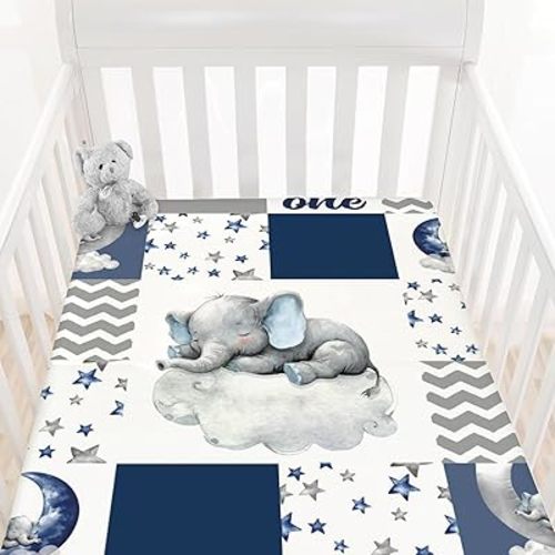 HawSkgFub Navy Blue Sleeping Elephant Fitted Standard Crib Sheet Baby Boy, Dream Big Little One You are So Loved Patchwork Toddler Mattress Cover, Soft Stretchy Nursery Bed Decor Kid Gift 52” x 28”