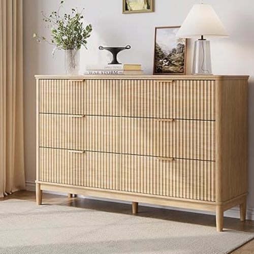 LINSY HOME Fluted Dresser for Bedroom with 6 Drawers, 54" Wide Mid Century Modern Dressers, Tall Boho Chest of Drawers, Large Wood Accent Storage Cabinet for Living Room, Curved Profile Design, Oak