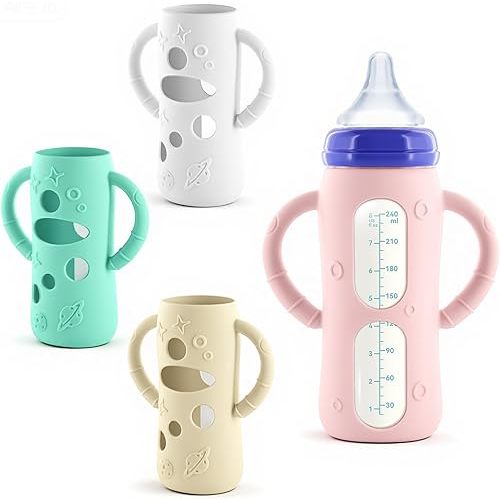 4-Pack Silicone Sleeves for Lansinoh Glass Bottles 8 oz- Starry Sky Design Baby Bottle Holder with Handles,Protectors for Lansinoh Natural Wave Glass Bottles, Anti-Scald Feeding Supplies