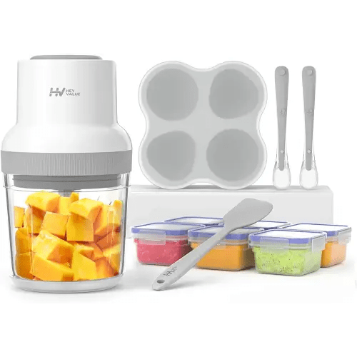 Baby Food Maker, HEYVALUE 13-in-1 Baby Food Processor Set for Baby Food, Fruit, Vegatable, Meat, Baby Food Puree Blender with Baby Food Containers, Food Freezer Tray, Silicone Spoons, Spatula (Gray)