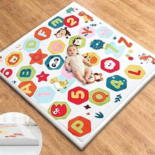 Baby Play Mat for Floor, 50'' x 50'' Thicken Foam Soft Padded Mat for Tummy Time, Playpen Playmat for Toddlers, Water-Repellent Coral Velvet, Non-slip Bottom Safe for Crawling (Animal)