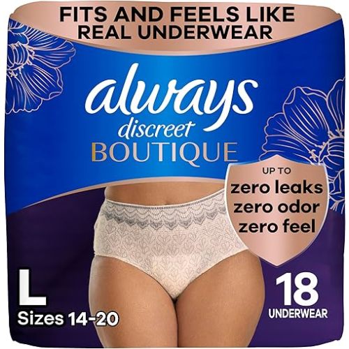 Always Discreet Boutique Incontinence and Postpartum Underwear for Women, Maximum Protection, Large, Rosy, 18 Count